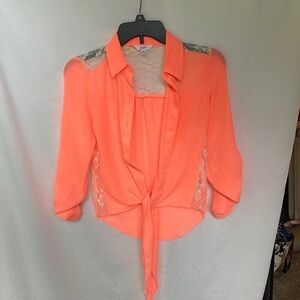 Candie's Coral Button Down Shirt with Lace Accents